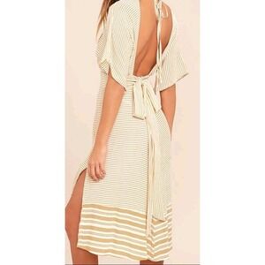 Faithfull The Brand Mustang Beige Striped Midi Dress Open Back Size 4